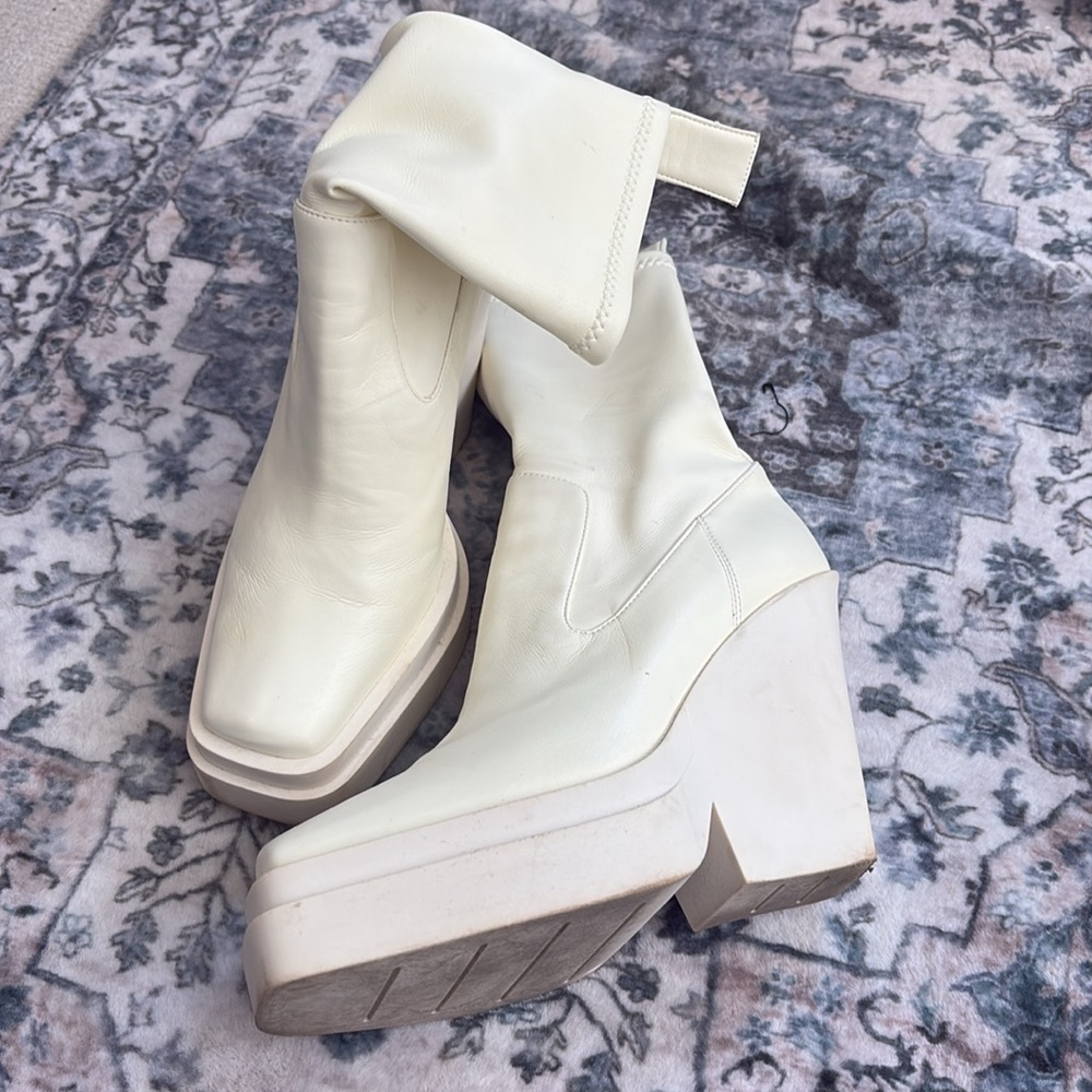 GIA BORGHINI Cream and White Vegan Leather Square Toe Platform Boots